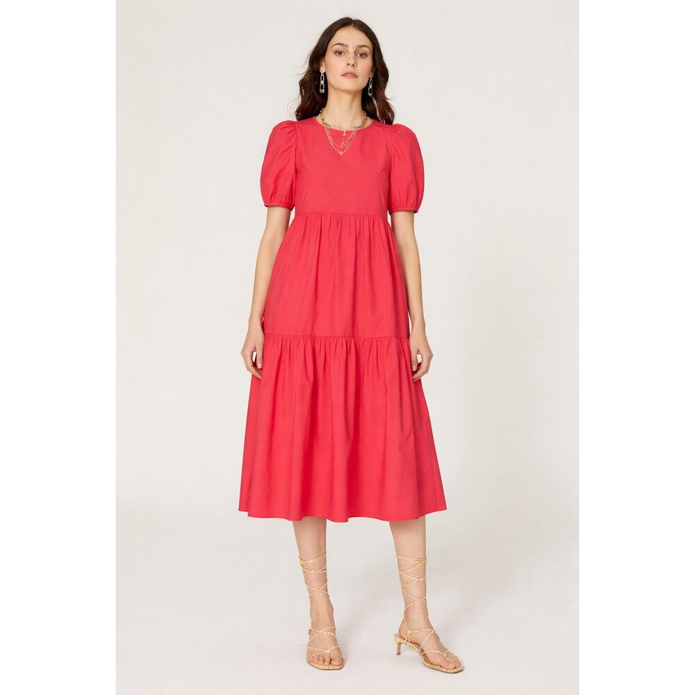 Peter Som Women's Cotton Poplin Puff Sleeve Tiered Midi Dress Pink Size 2